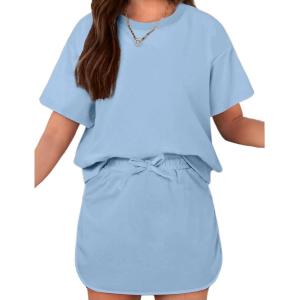 Arshiner Girls 2 Piece Outfits Summer Clothes Short Sleeve Drop Shoulder Shirt and Skirt with Built-in Shorts Athletic Sets(Light Blue)