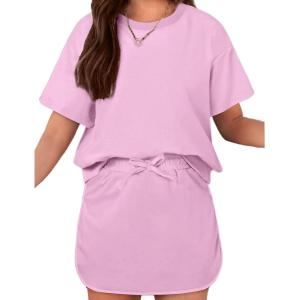 Arshiner Girls 2 Piece Outfits Summer Clothes Short Sleeve Drop Shoulder Shirt and Skirt with Built-in Shorts Athletic Sets(Pink)