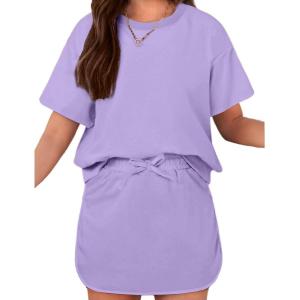 Arshiner Girls 2 Piece Outfits Summer Clothes Short Sleeve Drop Shoulder Shirt and Skirt with Built-in Shorts Athletic Sets(Purple)
