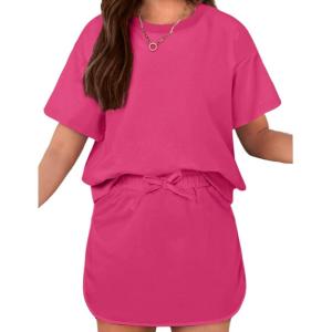 Arshiner Girls 2 Piece Outfits Summer Clothes Short Sleeve Drop Shoulder Shirt and Skirt with Built-in Shorts Athletic Sets(Rose Pink)