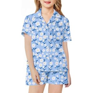 Arshiner Girls Pajamas Sets Short Sleeve Kids Pjs Button Down Sleepwear for 4-13Y(Blue Flower)