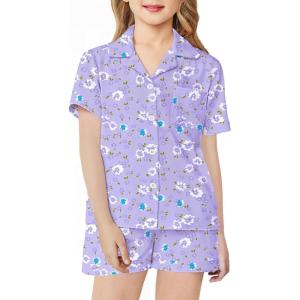 Arshiner Girls Pajamas Sets Short Sleeve Kids Pjs Button Down Sleepwear for 4-13Y(Purple Flower)