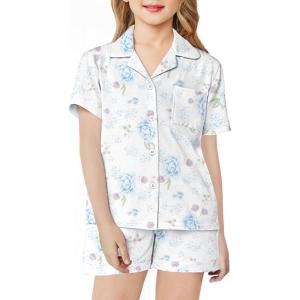 Arshiner Girls Pajamas Sets Short Sleeve Kids Pjs Button Down Sleepwear for 4-13Y(White Flower)