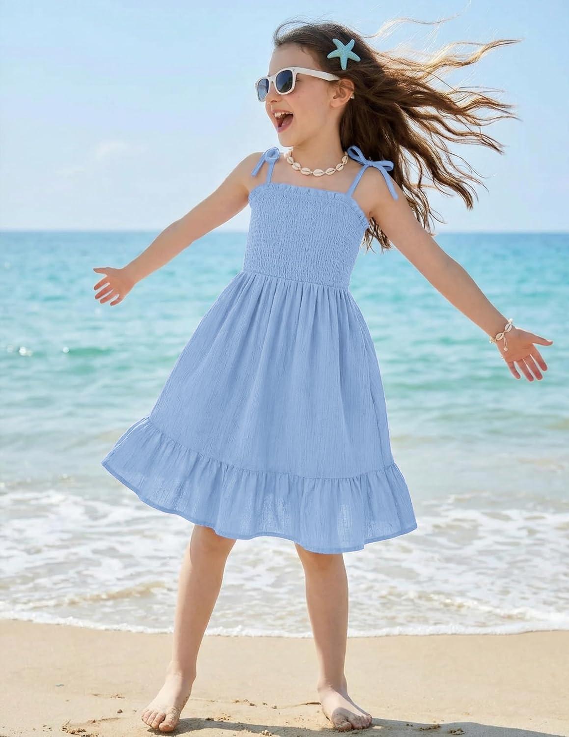 image:imageArshiner Girls Summer Dress Tween Spaghetti Strap Smocked Casual Beach Sundress with Pockets 614YBlue