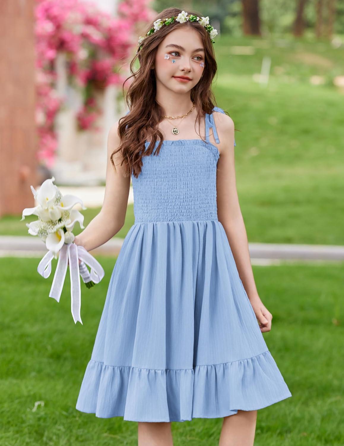 image:imageArshiner Girls Summer Dress Tween Spaghetti Strap Smocked Casual Beach Sundress with Pockets 614YBlue