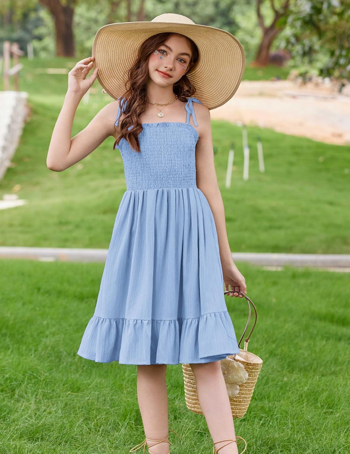 image:imageArshiner Girls Summer Dress Tween Spaghetti Strap Smocked Casual Beach Sundress with Pockets 614YBlue