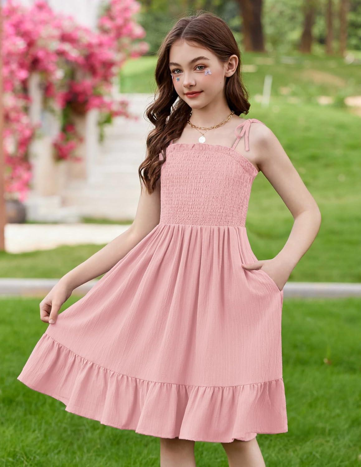 image:imageArshiner Girls Summer Dress Tween Spaghetti Strap Smocked Casual Beach Sundress with Pockets 614YLight Pink