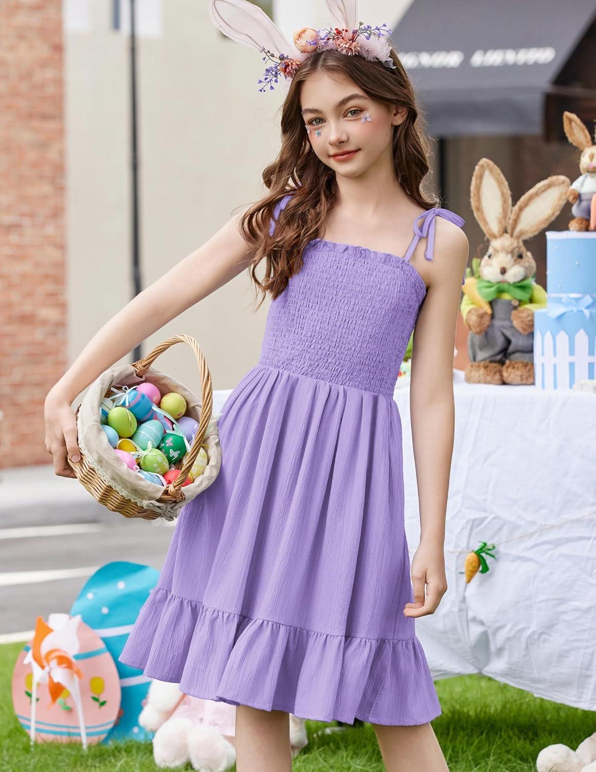 image:imageArshiner Girls Summer Dress Tween Spaghetti Strap Smocked Casual Beach Sundress with Pockets 614YLilac