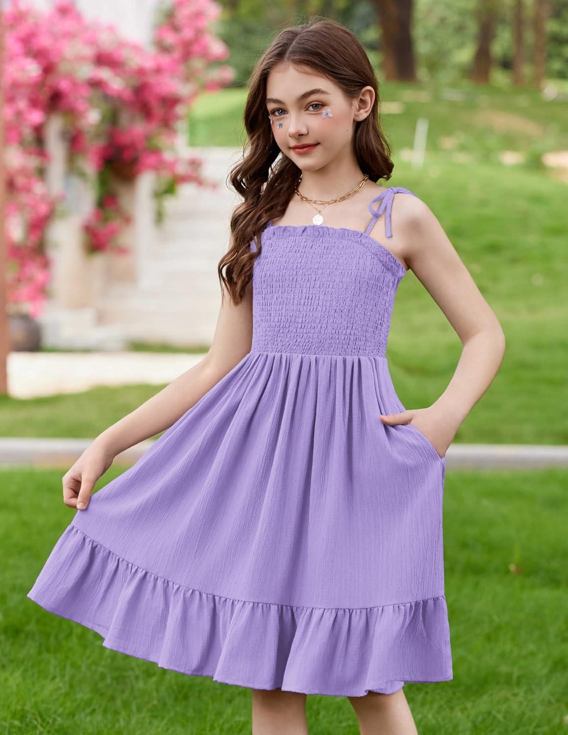image:imageArshiner Girls Summer Dress Tween Spaghetti Strap Smocked Casual Beach Sundress with Pockets 614YLilac