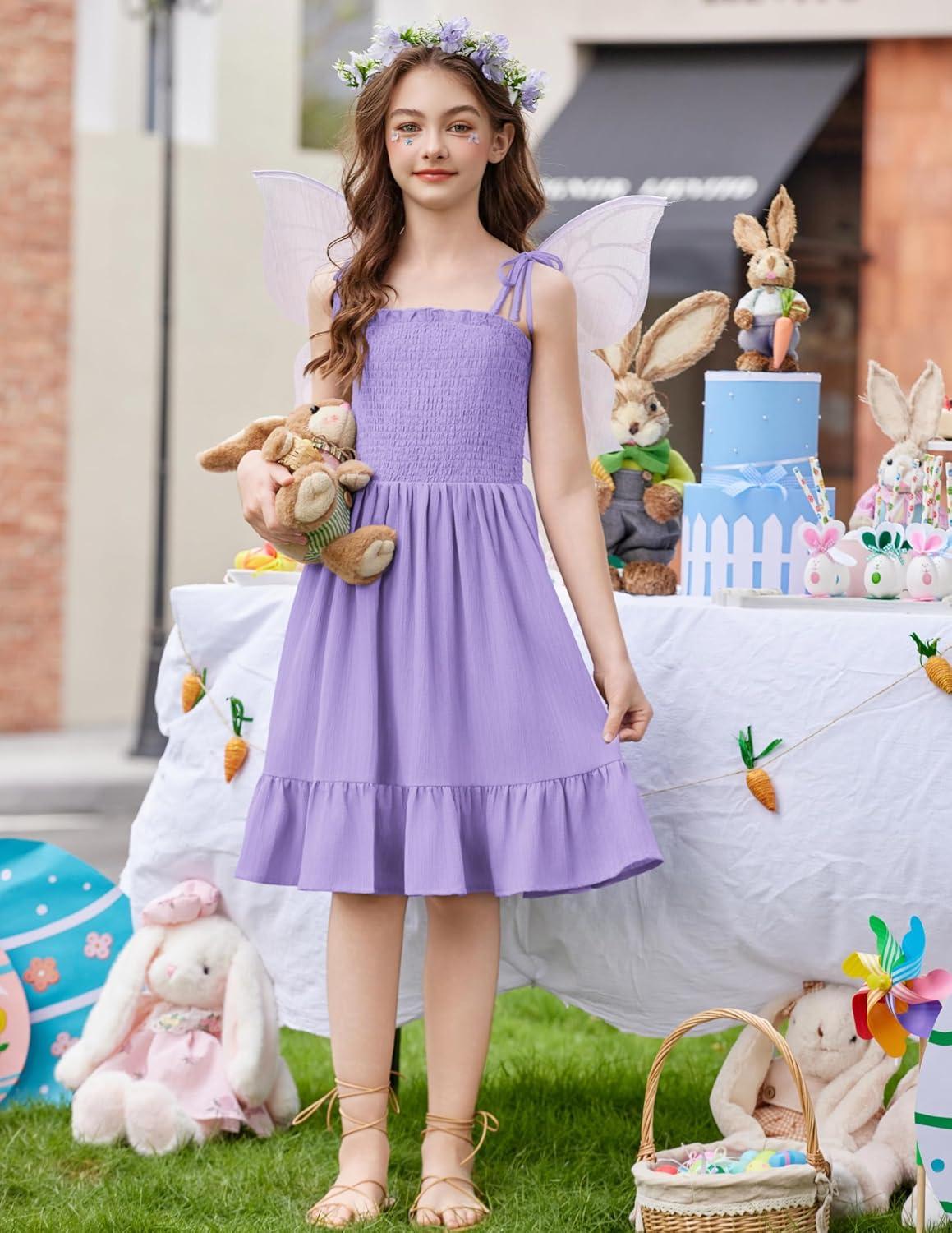 image:imageArshiner Girls Summer Dress Tween Spaghetti Strap Smocked Casual Beach Sundress with Pockets 614YLilac