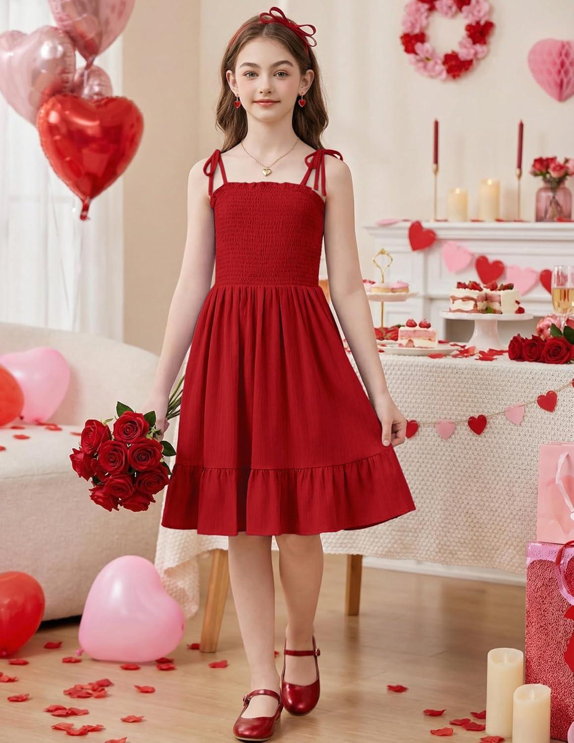 image:imageArshiner Girls Summer Dress Tween Spaghetti Strap Smocked Casual Beach Sundress with Pockets 614YRed