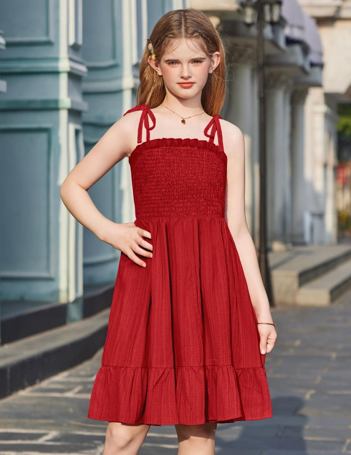 image:imageArshiner Girls Summer Dress Tween Spaghetti Strap Smocked Casual Beach Sundress with Pockets 614YRed