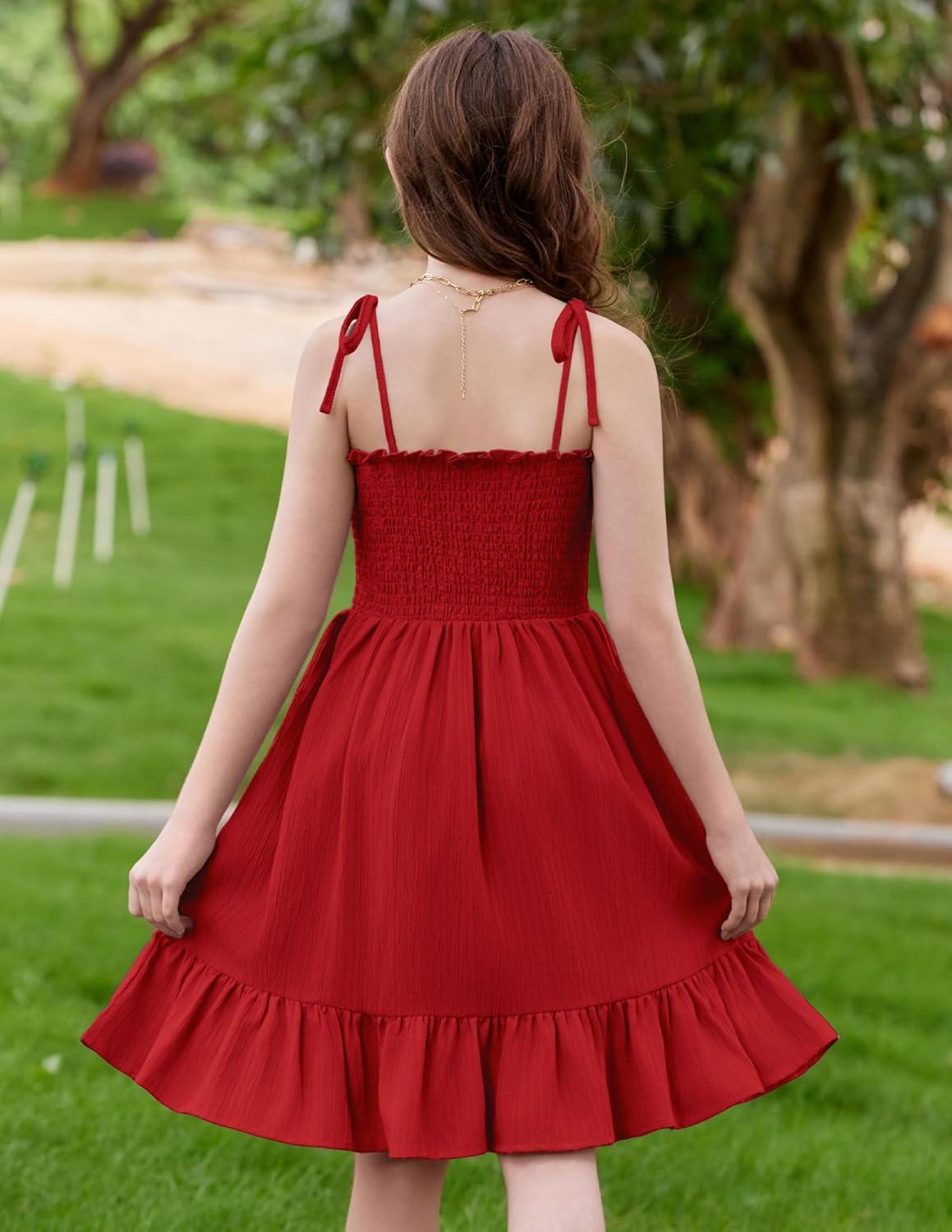 image:imageArshiner Girls Summer Dress Tween Spaghetti Strap Smocked Casual Beach Sundress with Pockets 614YRed