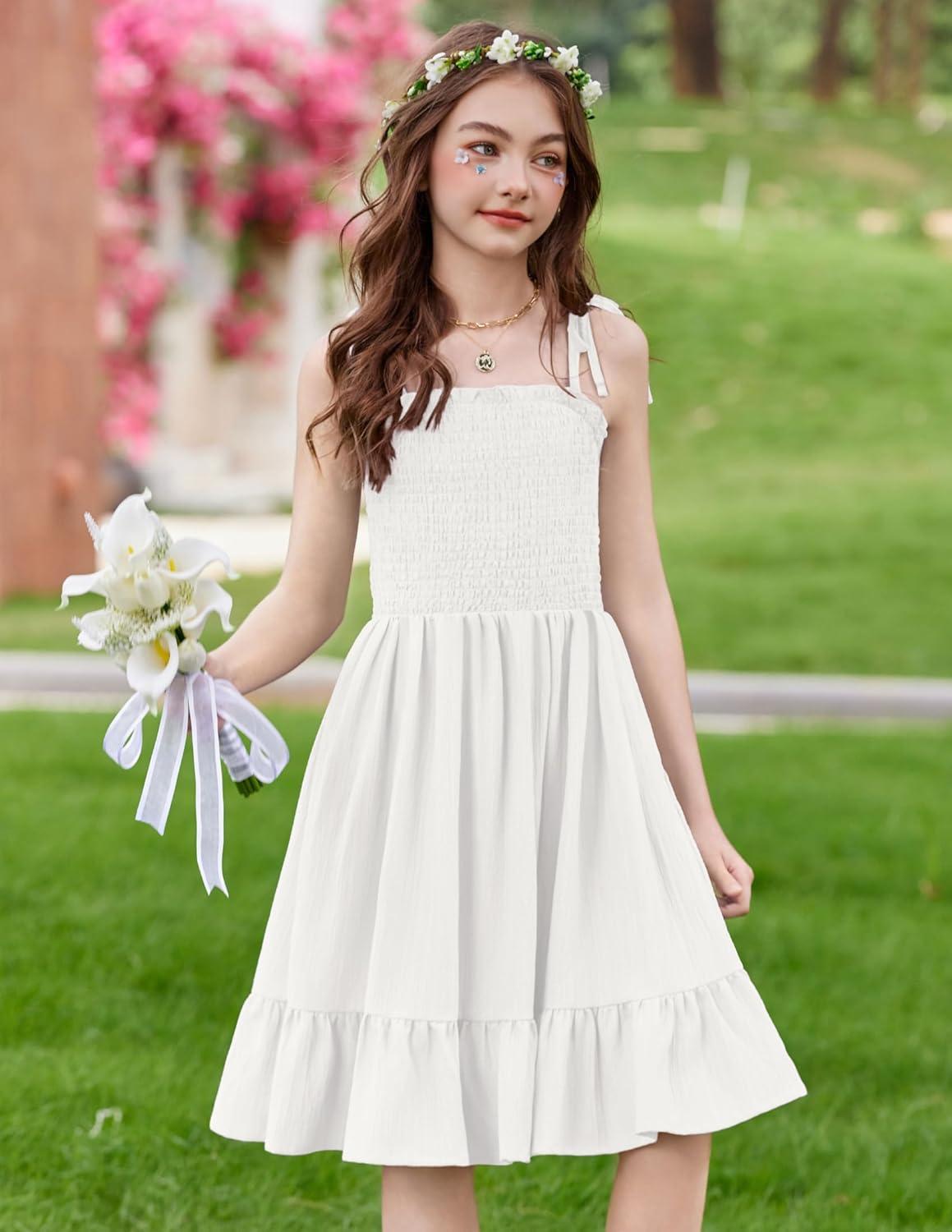 image:imageArshiner Girls Summer Dress Tween Spaghetti Strap Smocked Casual Beach Sundress with Pockets 614YWhite