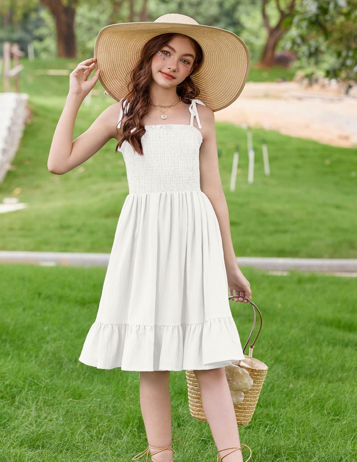 image:imageArshiner Girls Summer Dress Tween Spaghetti Strap Smocked Casual Beach Sundress with Pockets 614YWhite