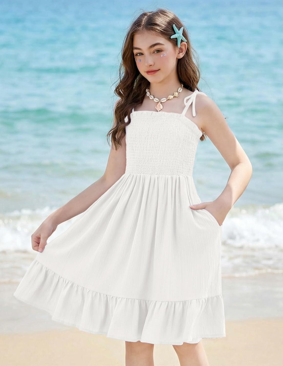 image:imageArshiner Girls Summer Dress Tween Spaghetti Strap Smocked Casual Beach Sundress with Pockets 614YWhite