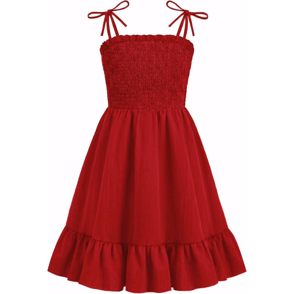 image:imageArshiner Girls Summer Dress Tween Spaghetti Strap Smocked Casual Beach Sundress with Pockets 614YRed