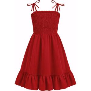 Arshiner Girls Summer Dress Tween Spaghetti Strap Smocked Casual Beach Sundress with Pockets 6-14Y(Red)