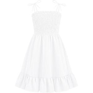 Arshiner Girls Summer Dress Tween Spaghetti Strap Smocked Casual Beach Sundress with Pockets 6-14Y(White)
