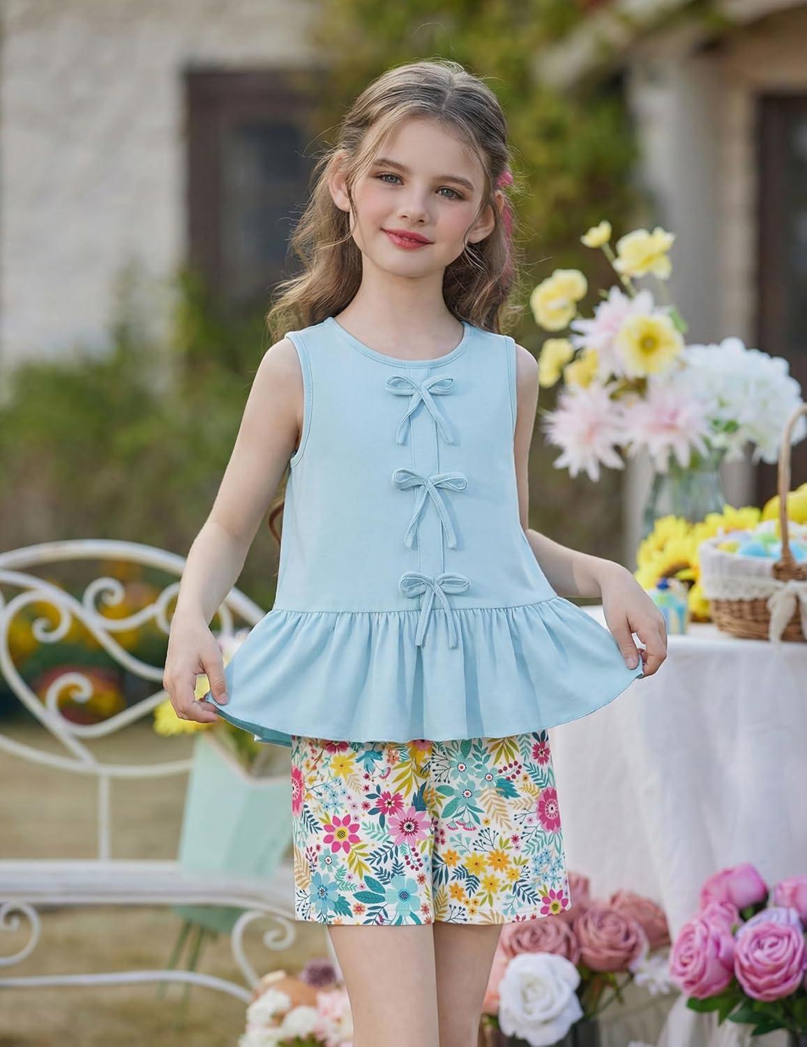 image:imageArshiner Girls Clothes Summer 2 Piece Outfits Sleeveless Butterfly Knot Ruffle Hem Tops and Shorts Kids Short Sets 210 YearsLight Bluefloral