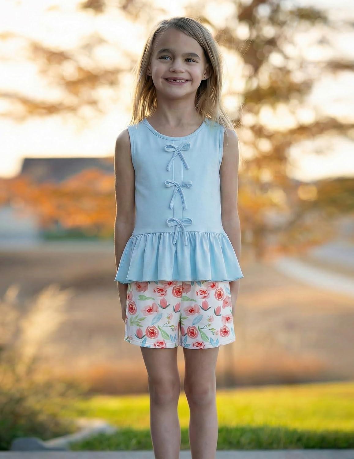 image:imageArshiner Girls Clothes Summer 2 Piece Outfits Sleeveless Butterfly Knot Ruffle Hem Tops and Shorts Kids Short Sets 210 YearsLight Bluefloral