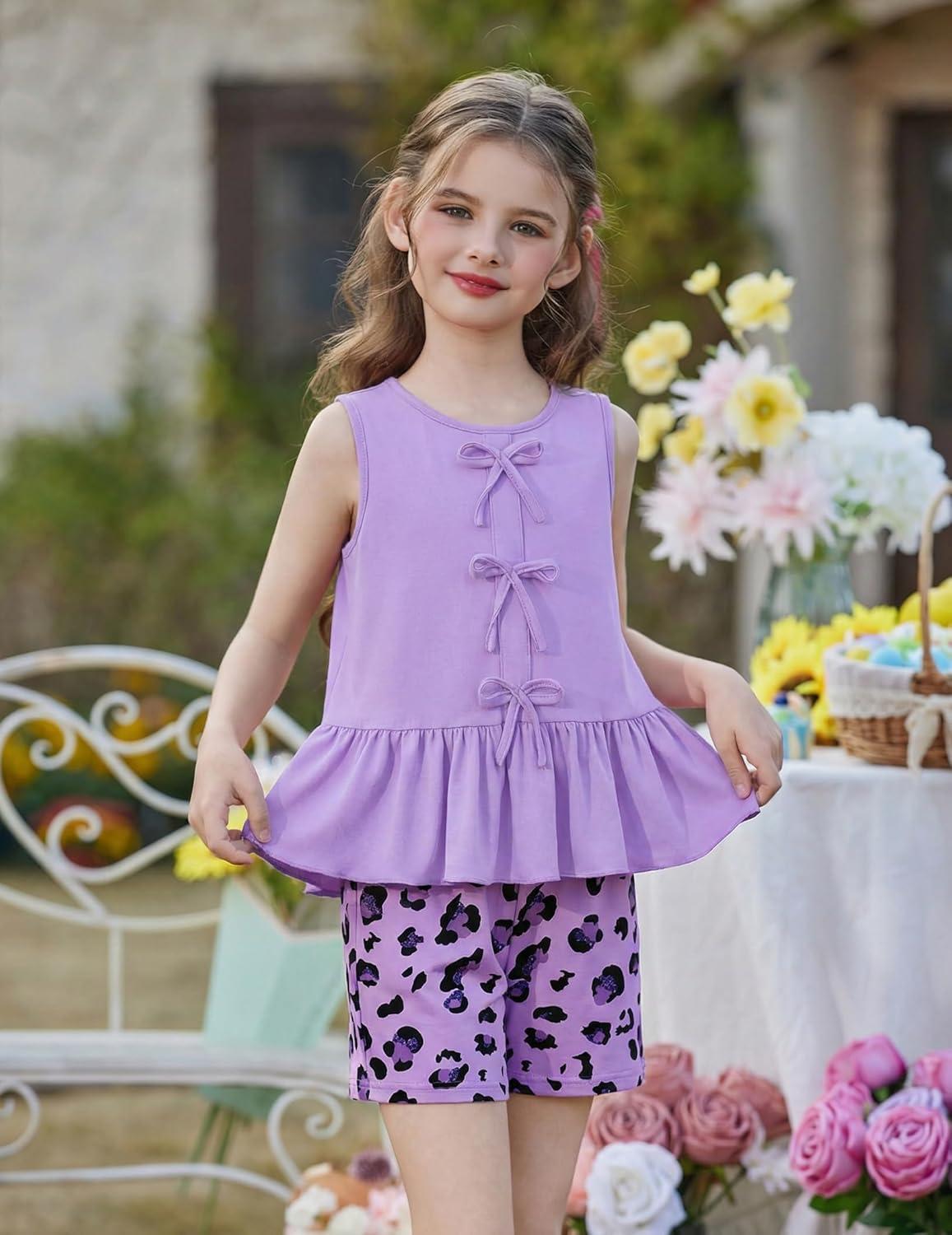 image:imageArshiner Girls Clothes Summer 2 Piece Outfits Sleeveless Butterfly Knot Ruffle Hem Tops and Shorts Kids Short Sets 210 YearsPurpleleopard