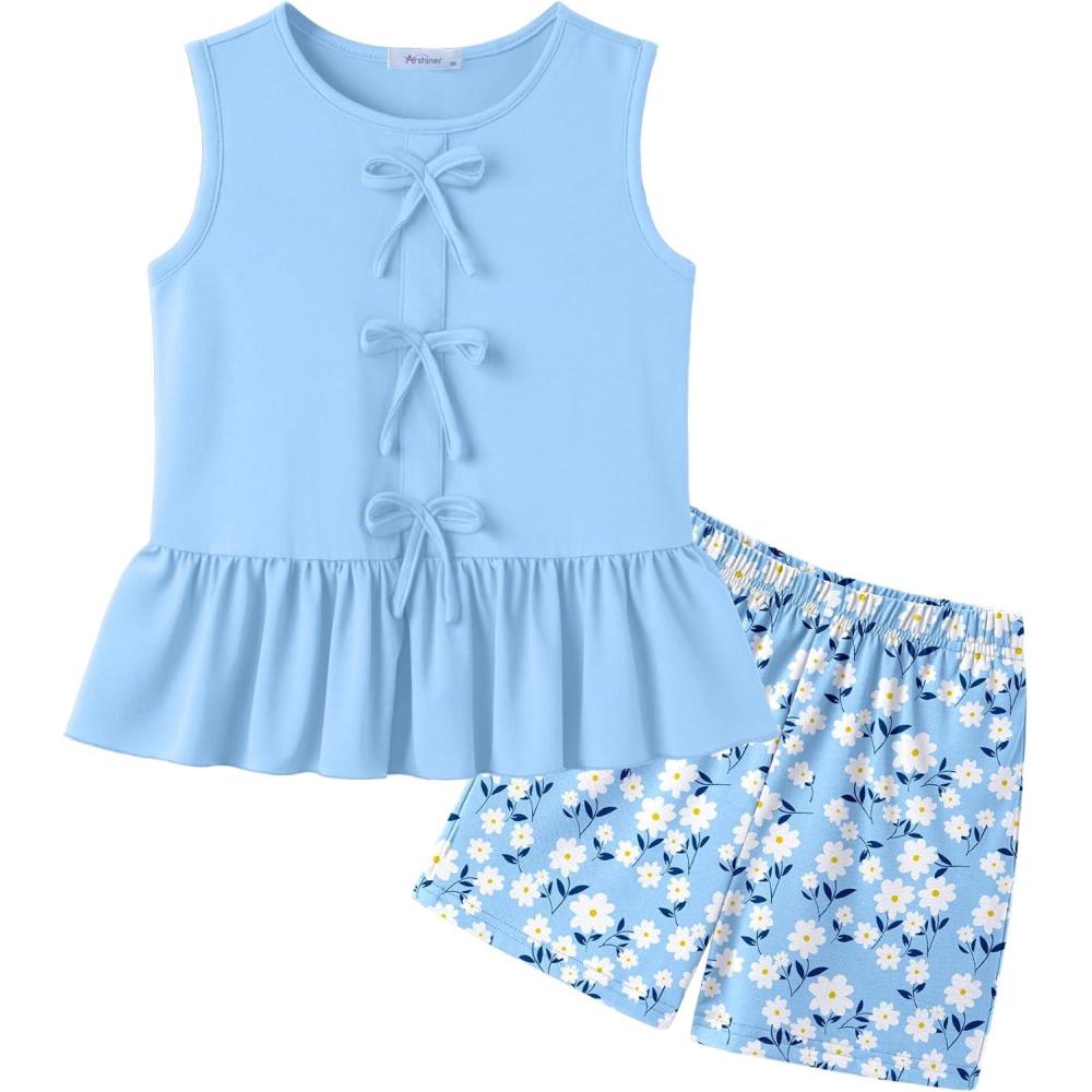 image:imageArshiner Girls Clothes Summer 2 Piece Outfits Sleeveless Butterfly Knot Ruffle Hem Tops and Shorts Kids Short Sets 210 YearsBluefloral