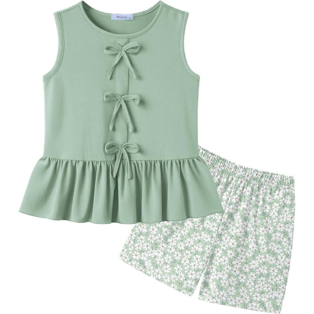 image:imageArshiner Girls Clothes Summer 2 Piece Outfits Sleeveless Butterfly Knot Ruffle Hem Tops and Shorts Kids Short Sets 210 YearsLight Greendaisy