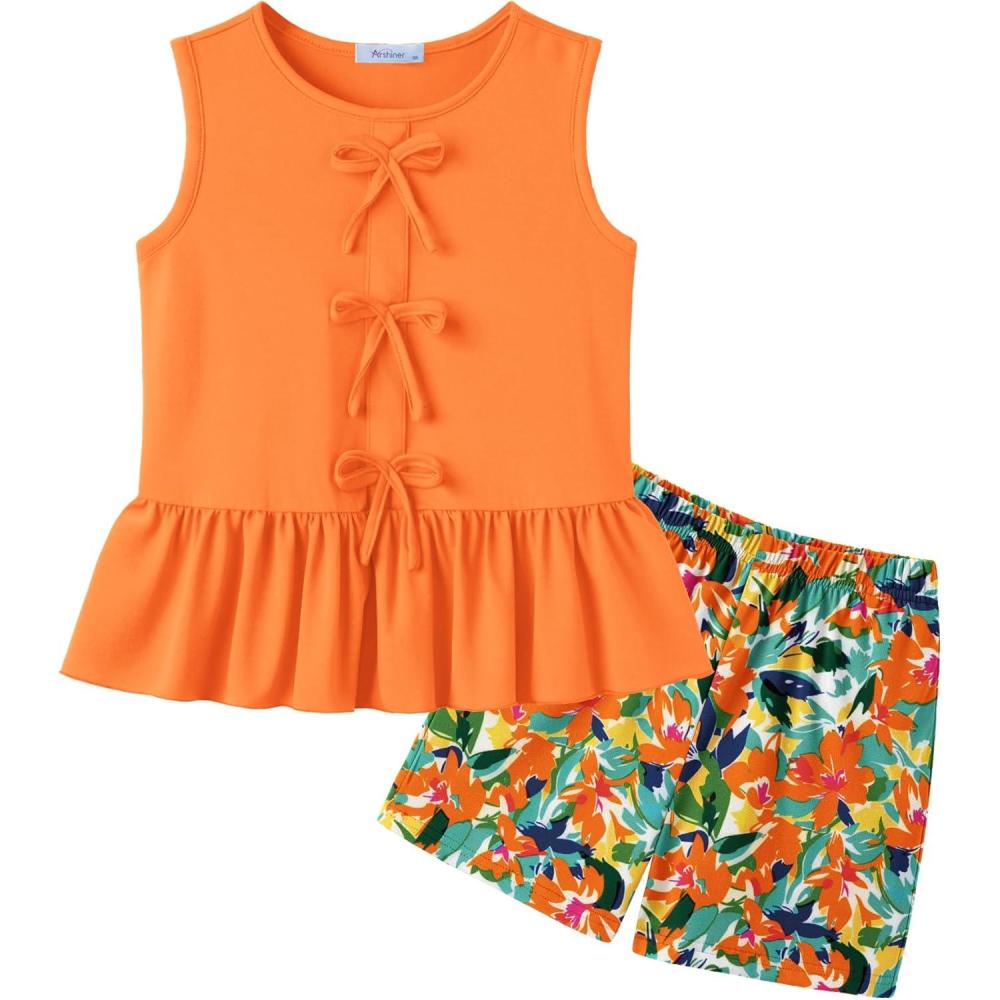 image:imageArshiner Girls Clothes Summer 2 Piece Outfits Sleeveless Butterfly Knot Ruffle Hem Tops and Shorts Kids Short Sets 210 YearsOrangefloral