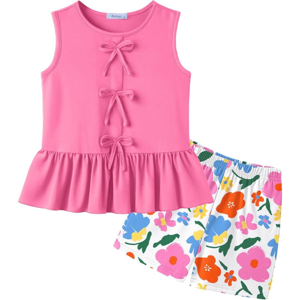 image:imageArshiner Girls Clothes Summer 2 Piece Outfits Sleeveless Butterfly Knot Ruffle Hem Tops and Shorts Kids Short Sets 210 YearsPinkdaisy