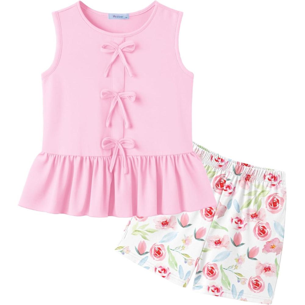 image:imageArshiner Girls Clothes Summer 2 Piece Outfits Sleeveless Butterfly Knot Ruffle Hem Tops and Shorts Kids Short Sets 210 YearsPinkfloral