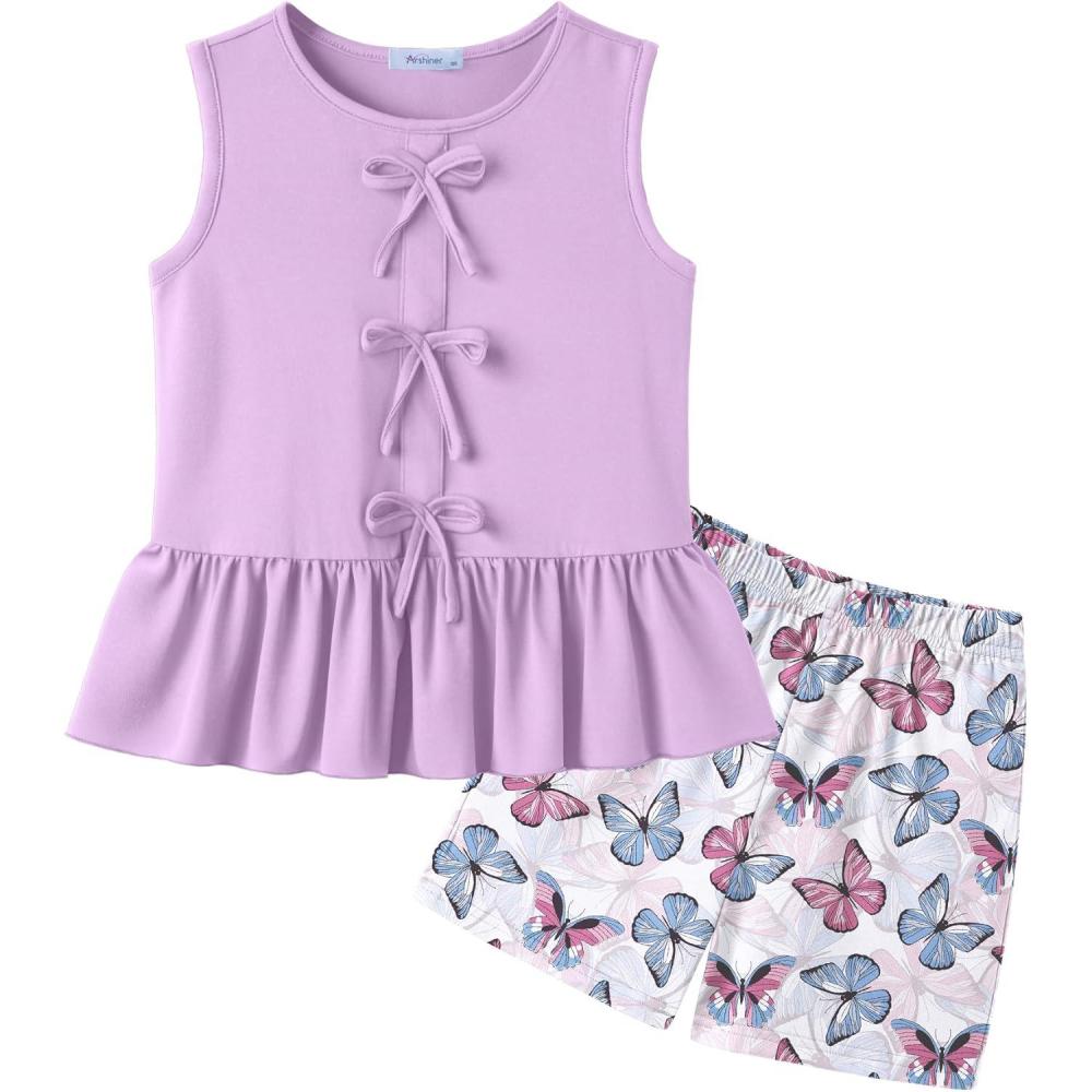image:imageArshiner Girls Clothes Summer 2 Piece Outfits Sleeveless Butterfly Knot Ruffle Hem Tops and Shorts Kids Short Sets 210 YearsPurplebutterfly
