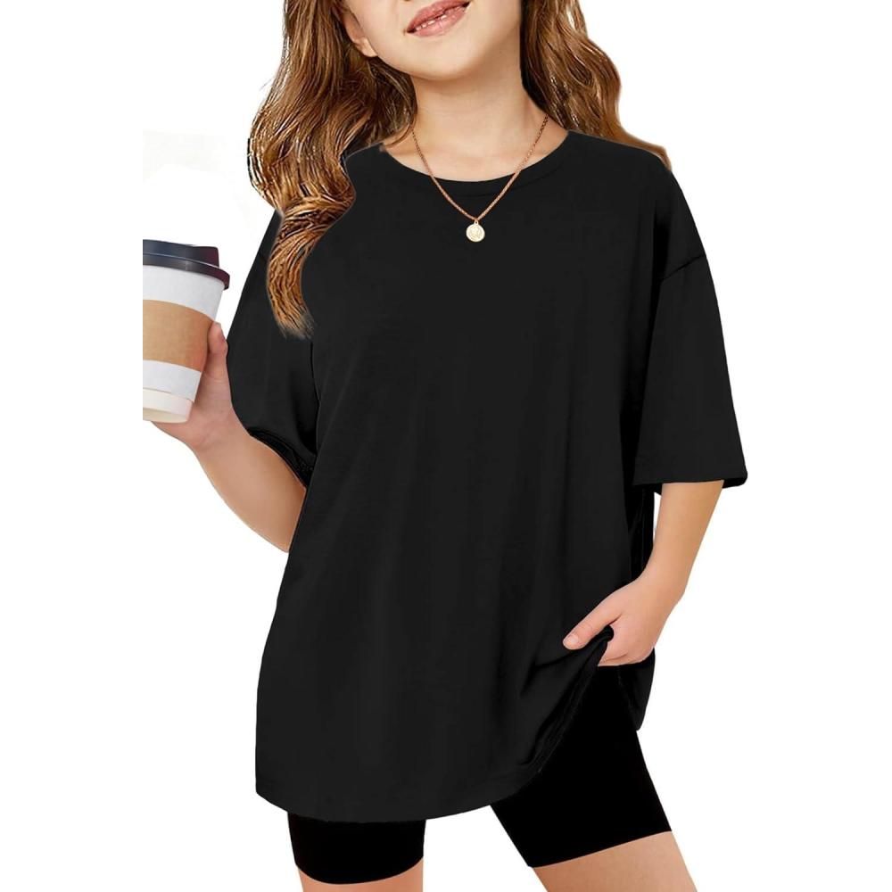image:imageArshiner Girls T Shirts Oversized Short Sleeve Kids Summer Tops Soft Casual Crewneck Basic TeesBlack