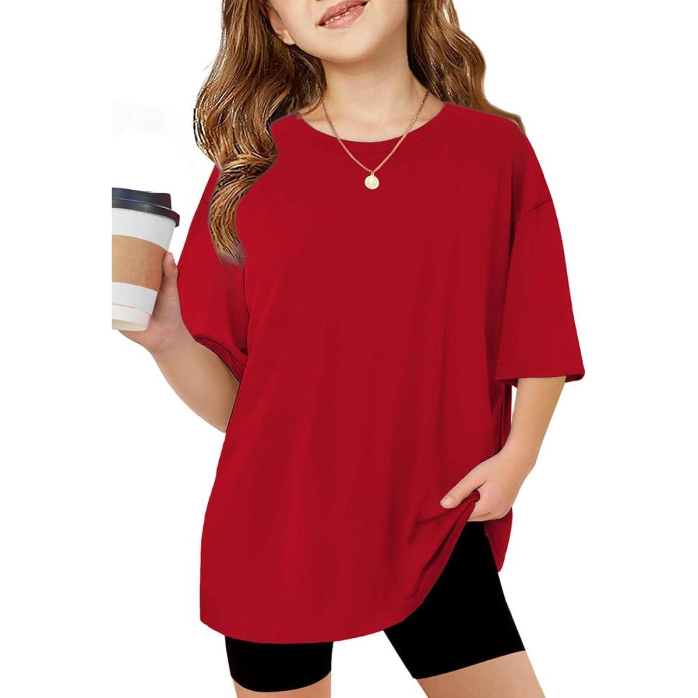 image:imageArshiner Girls T Shirts Oversized Short Sleeve Kids Summer Tops Soft Casual Crewneck Basic TeesRed