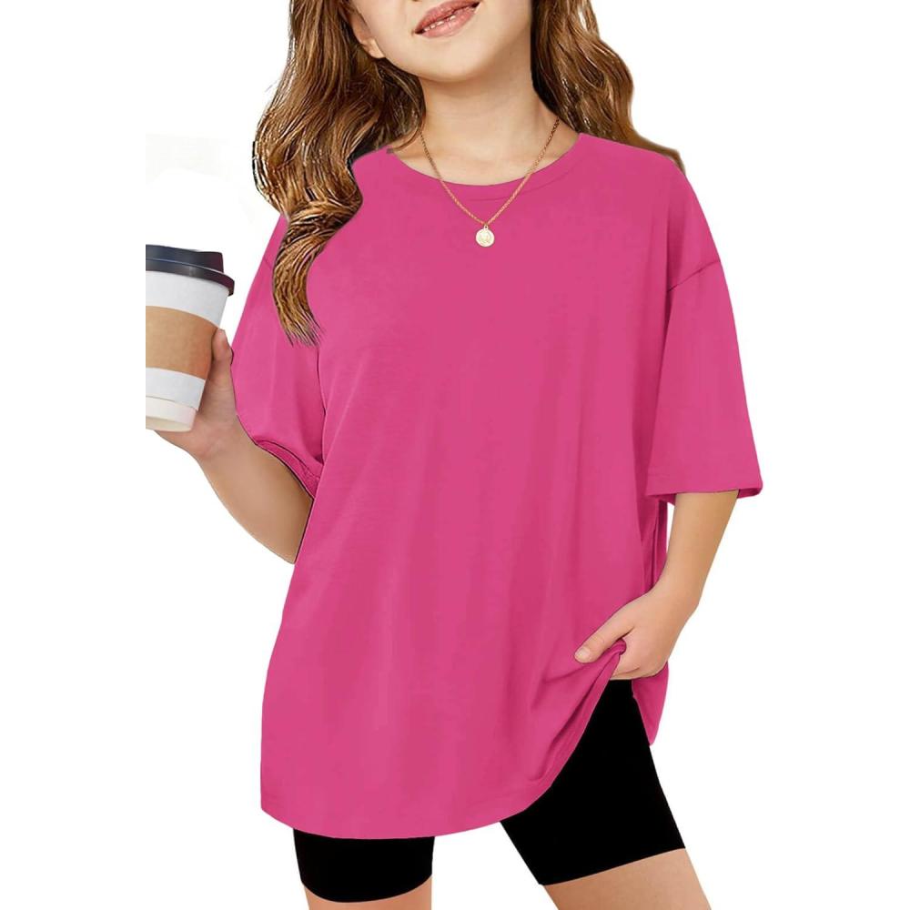image:imageArshiner Girls T Shirts Oversized Short Sleeve Kids Summer Tops Soft Casual Crewneck Basic TeesRose Red