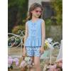 Arshiner Girls Clothes Summer 2 Piece Outfits Sleeveless Butterfly Knot Ruffle Hem Tops and Shorts Kids Short Sets 2-10 Years(Blue&floral)