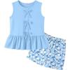 Arshiner Girls Clothes Summer 2 Piece Outfits Sleeveless Butterfly Knot Ruffle Hem Tops and Shorts Kids Short Sets 2-10 Years(Blue&floral)