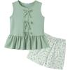 Arshiner Girls Clothes Summer 2 Piece Outfits Sleeveless Butterfly Knot Ruffle Hem Tops and Shorts Kids Short Sets 2-10 Years(Light Green&daisy)