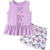 Arshiner Girls Clothes Summer 2 Piece Outfits Sleeveless Butterfly Knot Ruffle Hem Tops and Shorts Kids Short Sets 2-10 Years(Purple&butterfly)