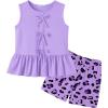 Arshiner Girls Clothes Summer 2 Piece Outfits Sleeveless Butterfly Knot Ruffle Hem Tops and Shorts Kids Short Sets 2-10 Years(Purple&leopard)