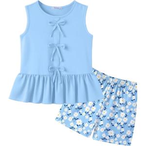 Arshiner Girls Clothes Summer 2 Piece Outfits Sleeveless Butterfly Knot Ruffle Hem Tops and Shorts Kids Short Sets 2-10 Years(Blue&floral)