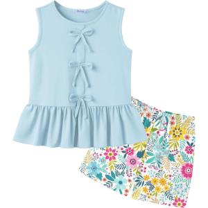 Arshiner Girls Clothes Summer 2 Piece Outfits Sleeveless Butterfly Knot Ruffle Hem Tops and Shorts Kids Short Sets 2-10 Years(Light Blue&floral)