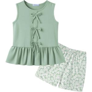 Arshiner Girls Clothes Summer 2 Piece Outfits Sleeveless Butterfly Knot Ruffle Hem Tops and Shorts Kids Short Sets 2-10 Years(Light Green&daisy)