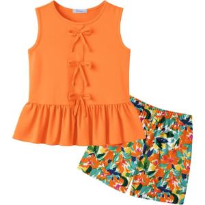 Arshiner Girls Clothes Summer 2 Piece Outfits Sleeveless Butterfly Knot Ruffle Hem Tops and Shorts Kids Short Sets 2-10 Years(Orange&floral)