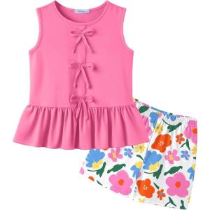 Arshiner Girls Clothes Summer 2 Piece Outfits Sleeveless Butterfly Knot Ruffle Hem Tops and Shorts Kids Short Sets 2-10 Years(Pink&daisy)