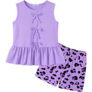 Arshiner Girls Clothes Summer 2 Piece Outfits Sleeveless Butterfly Knot Ruffle Hem Tops and Shorts Kids Short Sets 2-10 Years(Purple&leopard)