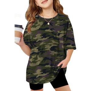 Arshiner Girls T Shirts Oversized Short Sleeve Kids Summer Tops Soft Casual Crewneck Basic Tees(Camo)
