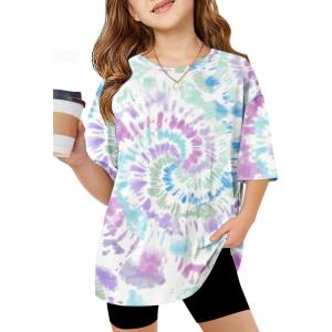 Arshiner Girls T Shirts Oversized Short Sleeve Kids Summer Tops Soft Casual Crewneck Basic Tees(Colorful Tie Dye)