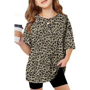 Arshiner Girls T Shirts Oversized Short Sleeve Kids Summer Tops Soft Casual Crewneck Basic Tees(Leopard Print)