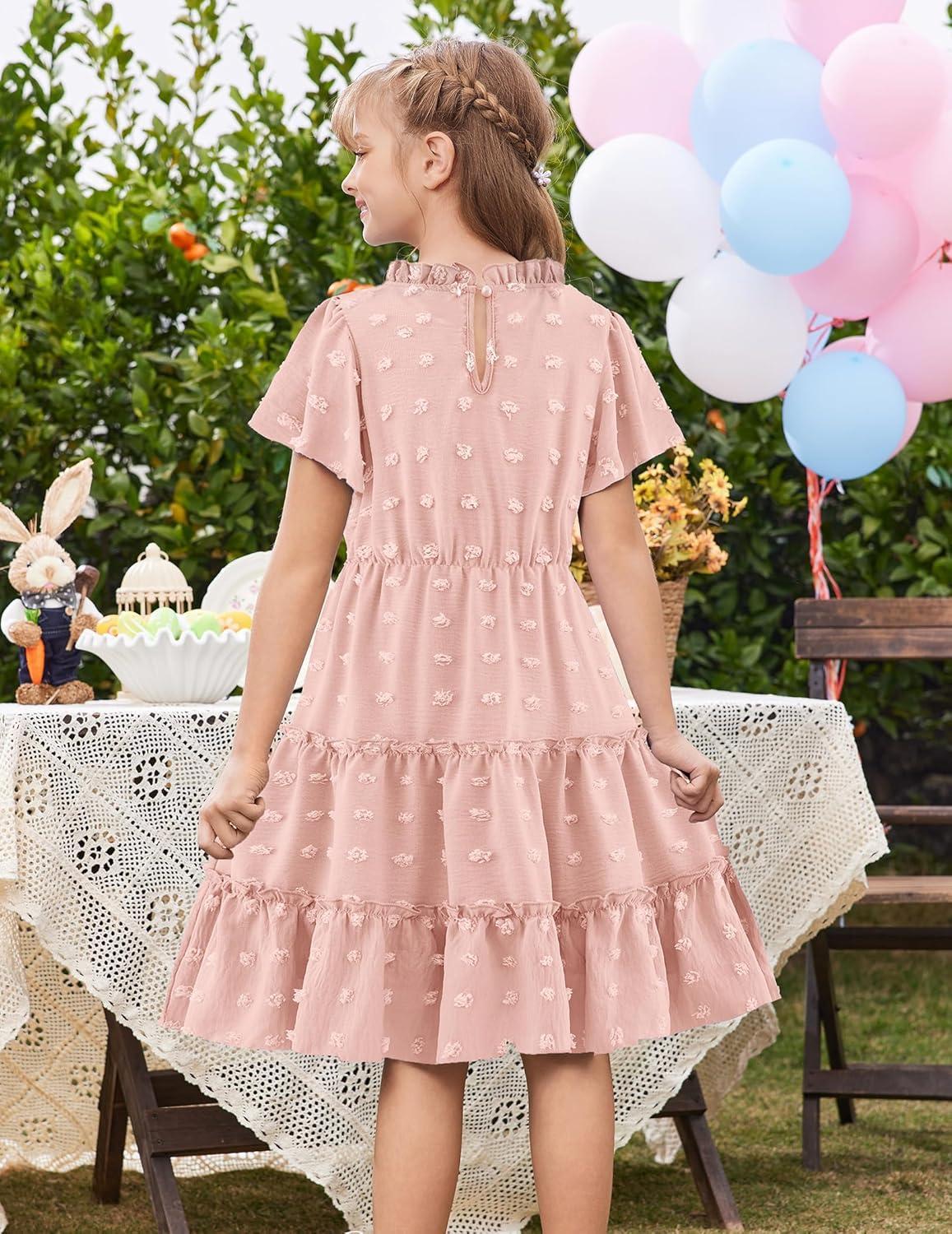 image:imageArshiner Girls 2025 Summer Dresses Pom Poms Flutter Ruffle Sleeve Midi Polka Dot V Neck Dress with PocketsLight Pink